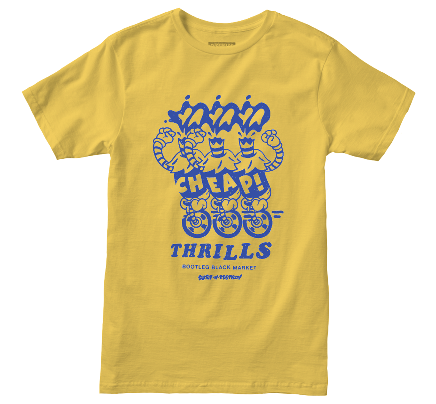 Yellow t-shirt with blue print "Cheap Thrills, Bootleg Black Market"